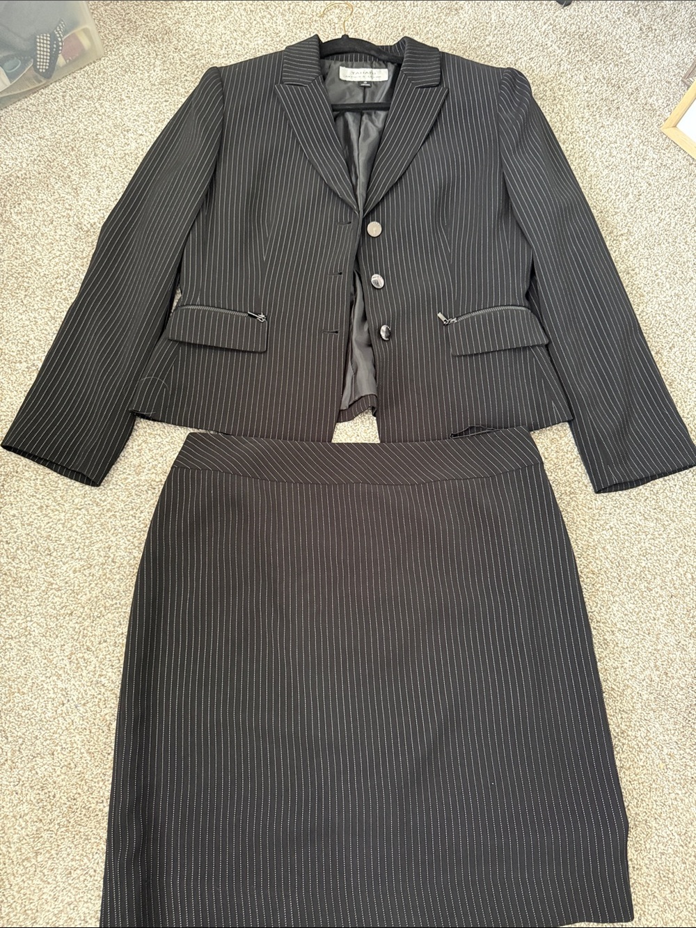 Tahari Black Pinstripe A-Line Skirt with Matching Jacket